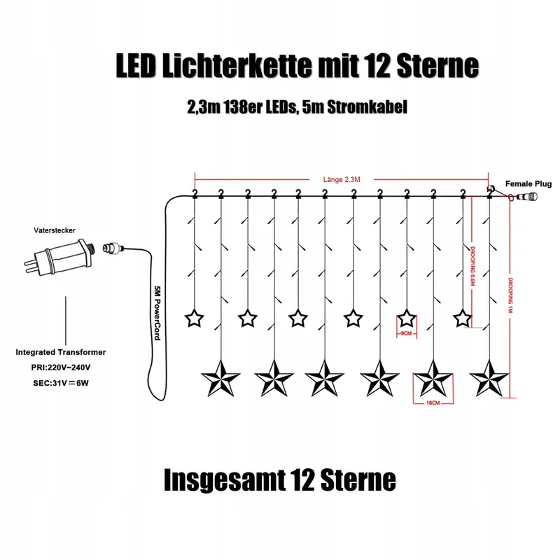 INTERGO LED Lichtgordijn Sterren Kerst 8 Standen 138 LED — foto 6