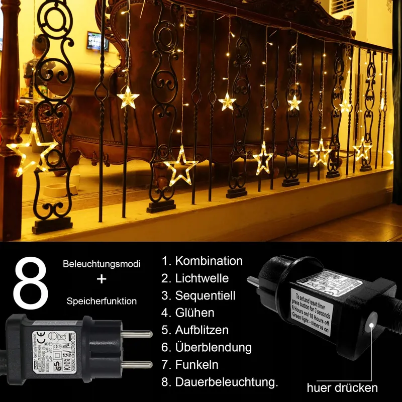 INTERGO LED Lichtgordijn Sterren Kerst 8 Standen 138 LED — foto 3