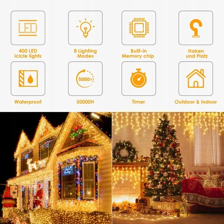 GYLEFY Kerstverlichting Lichtgordijn Buiten IP65 Timer 10M 400 LED — foto 5