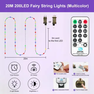 VACOULERY LED Lichtsnoer Afstandsbediening Multikleur 23M 200 LED — miniatuur 9