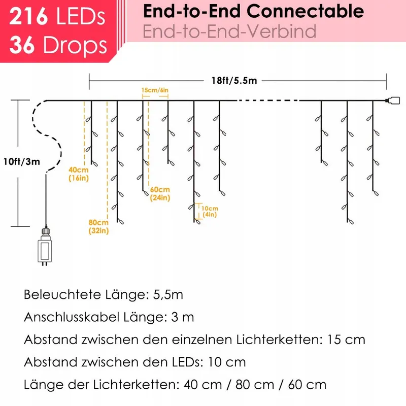 DIWUJI Lichtketting 216 LED 55M Afstandsbediening Dimbaar — foto 4