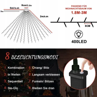 ETOPGO Kerstboomverlichting Warmwit IP44 Timer 8 Standen 2M 400LED — miniatuur 5