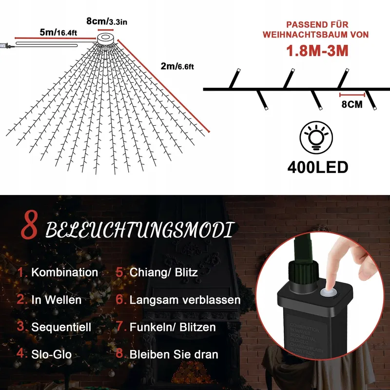ETOPGO Kerstboomverlichting Warmwit IP44 Timer 8 Standen 2M 400LED — foto 5