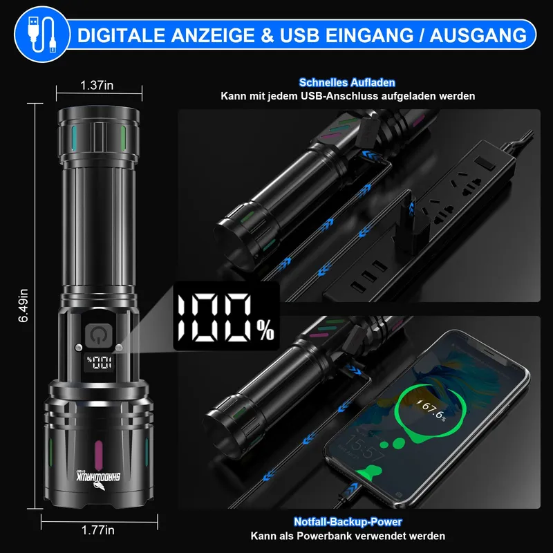 SHADOWHAWK LED Zaklamp Tactisch Oplaadbaar 30W Waterdicht — foto 3