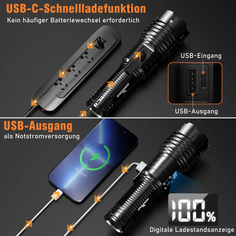SHADOWHAWK LED Zaklamp Oplaadbaar Tactisch Ultra Helder Krachtig — foto 6