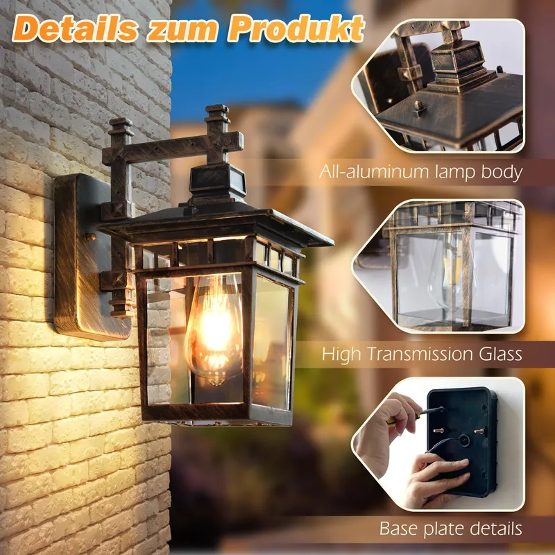 Buitenwandlamp IP44 E27 Glazen Kap Brons — foto 4
