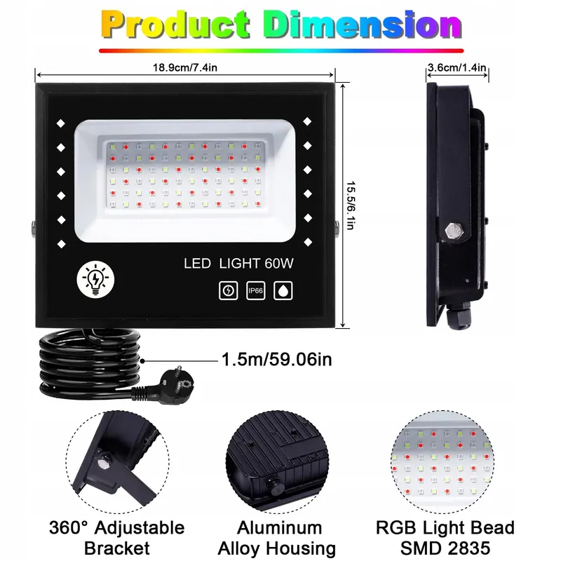 TOPBOS LED RGB Schijnwerper 60W 6000lm IP66 Bluetooth Afstandsbediening — foto 7