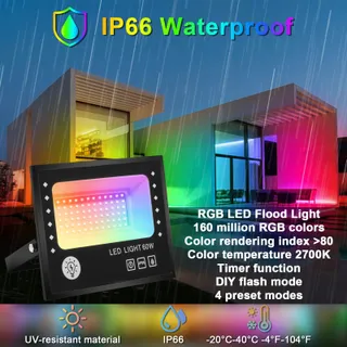 TOPBOS LED RGB Schijnwerper 60W 6000lm IP66 Bluetooth Afstandsbediening — miniatuur 3