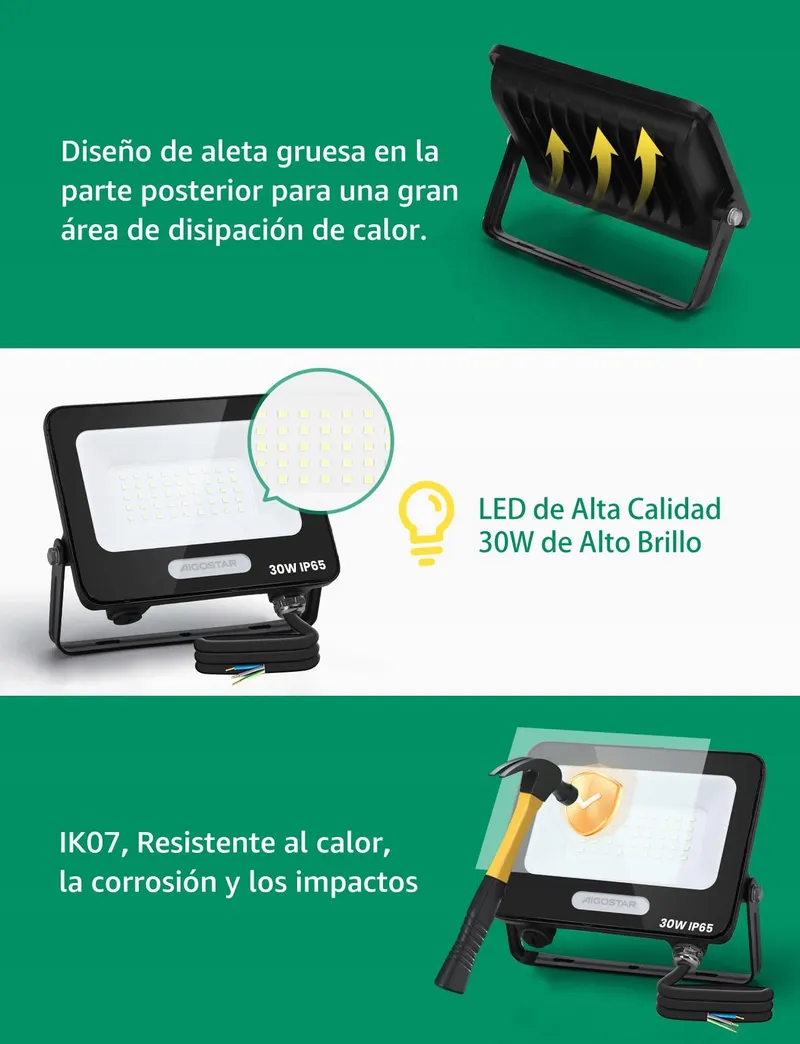 AIGOSTAR LED Schijnwerper 30W 2450lm 6500K IP65 Tuin Garage — foto 3