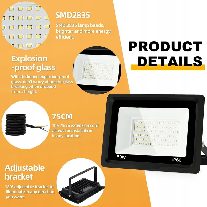 JEFEDANA LED Schijnwerper 50W 5000lm 6000K IP66 Koud Wit Garage Tuin — foto 3