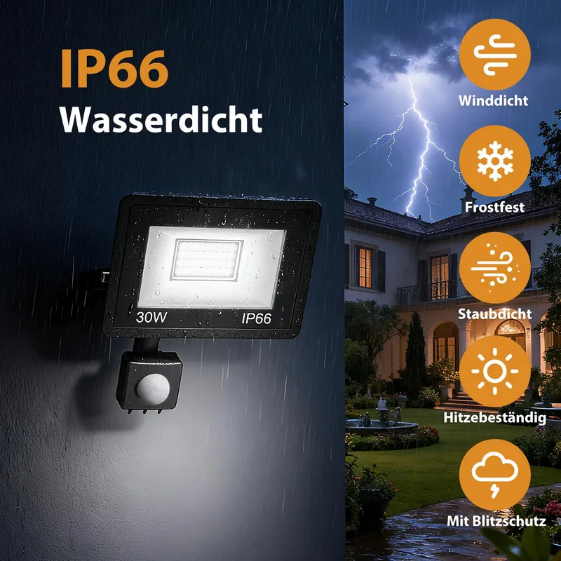 VIGHEP LED Schijnwerper Bewegingsmelder 30W 3000lm IP65 Garage Tuin — foto 5