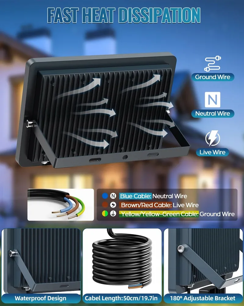 TOPAUBUB LED Schijnwerper Helder Tuin 200W 20000LM IP66 — foto 3