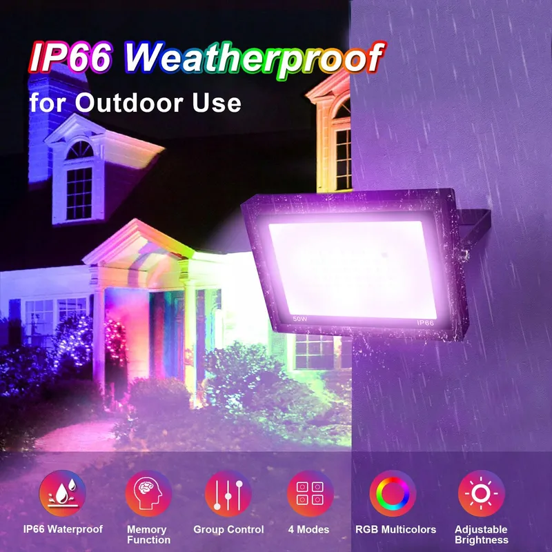 FOSI LED RGB Schijnwerper Buiten Dimbaar Afstandsbediening 50W IP66 — foto 5