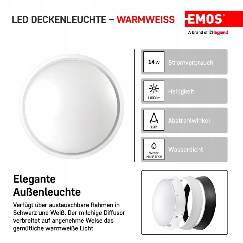 EMOS LED Wand- En Plafondlamp Rond Waterdicht 14W 1000lm — foto 2