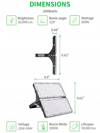 VIUGREUM LED Schijnwerper Super Fel Warmwit Waterdicht 200W IP66 — miniatuur 2