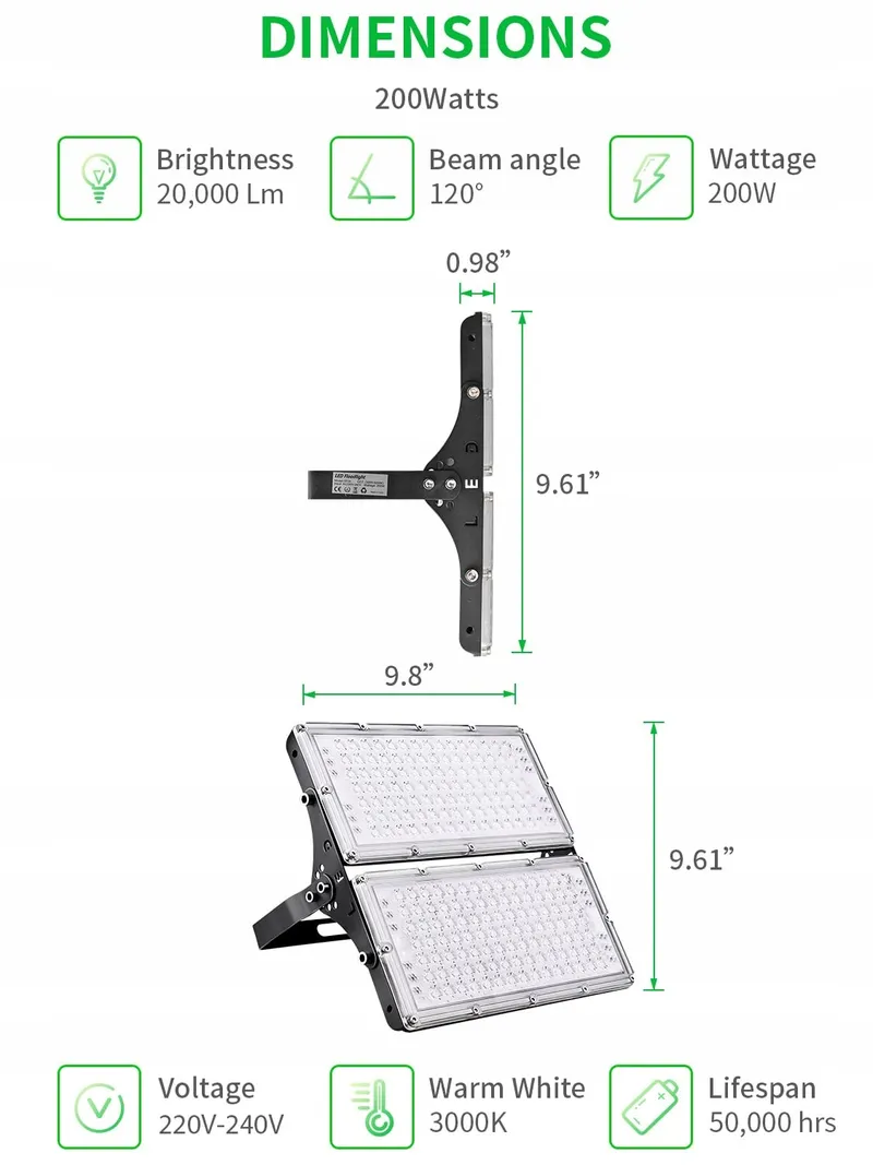 VIUGREUM LED Schijnwerper Super Fel Warmwit Waterdicht 200W IP66 — foto 2