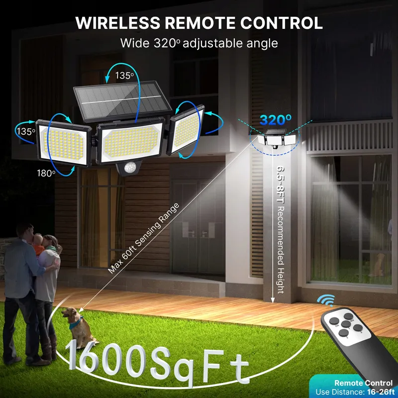 MEXLLEX Solar Buitenlamp Bewegingsmelder Afstandsbediening 304 LED IP65 — foto 5