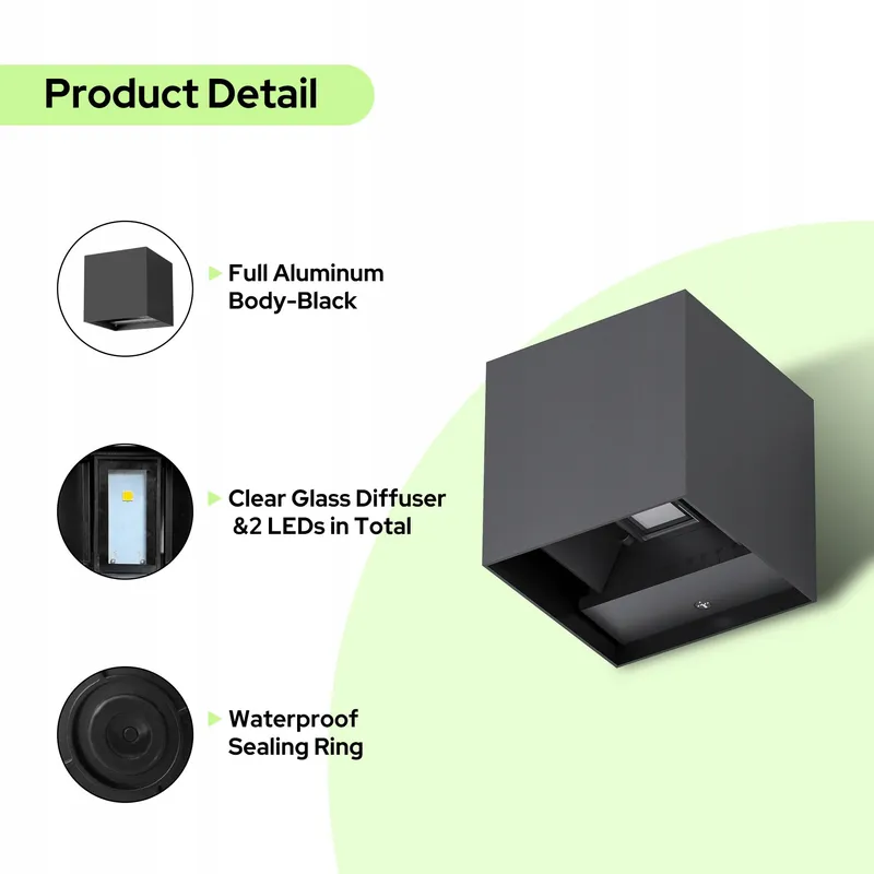 AURALAB LED Buitenwandlamp Waterdicht Zwart Terras 6W IP65 — foto 5