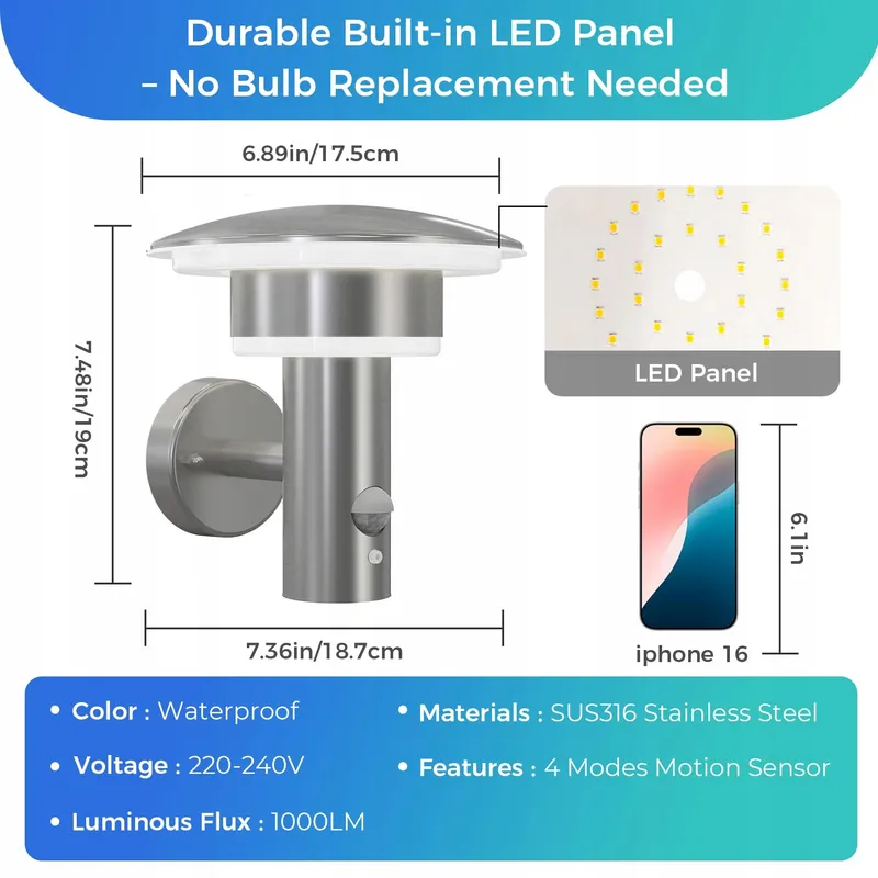 NBHANYUAN LED Buitenlamp Met Bewegingssensor Zilver Warm IP44 9W — foto 6