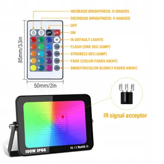 RIGIDON RGB Schijnwerper Met Afstandsbediening Waterdicht 100W 10000lm IP66 — miniatuur 3