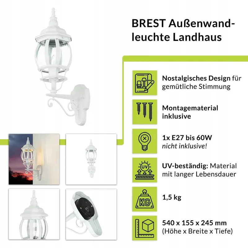 BREST Buitenwandlamp Tuin Rustiek Wit E27 IP23 — foto 2