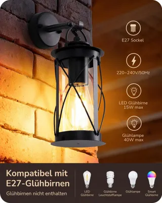 EDISHINE Retro Wandlamp Binnen Buiten Zwart E27 IP44 — miniatuur 4