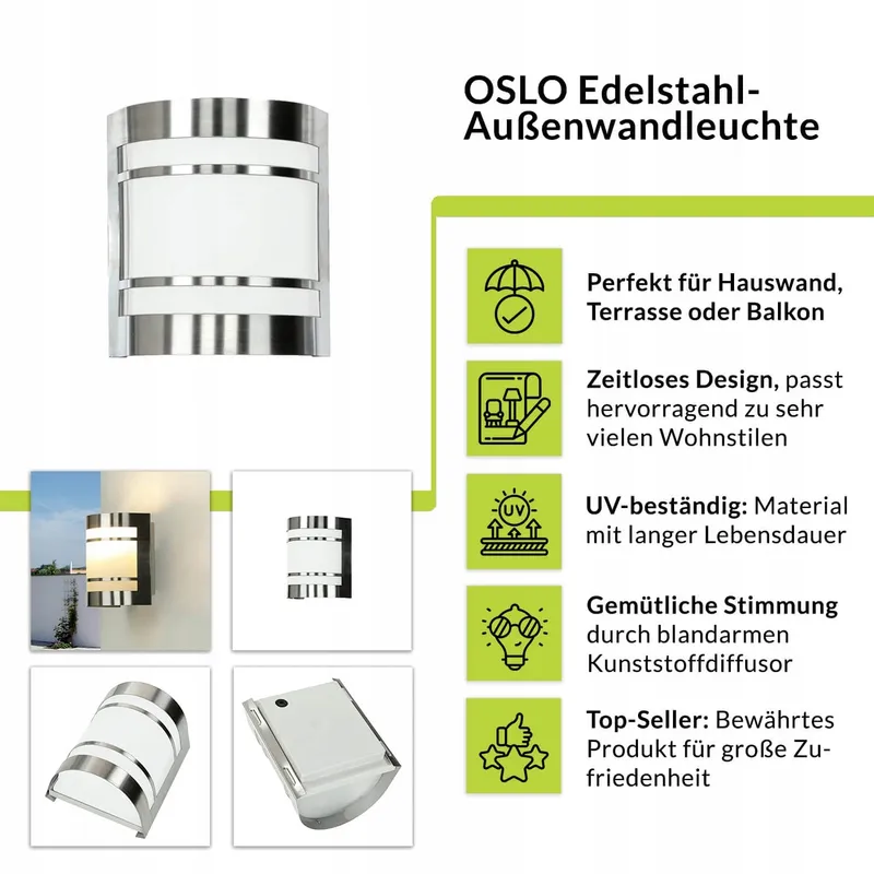 LICHTERLEBNISSE OSLO Buitenlamp RVS Zilver E27 IP44 — foto 2