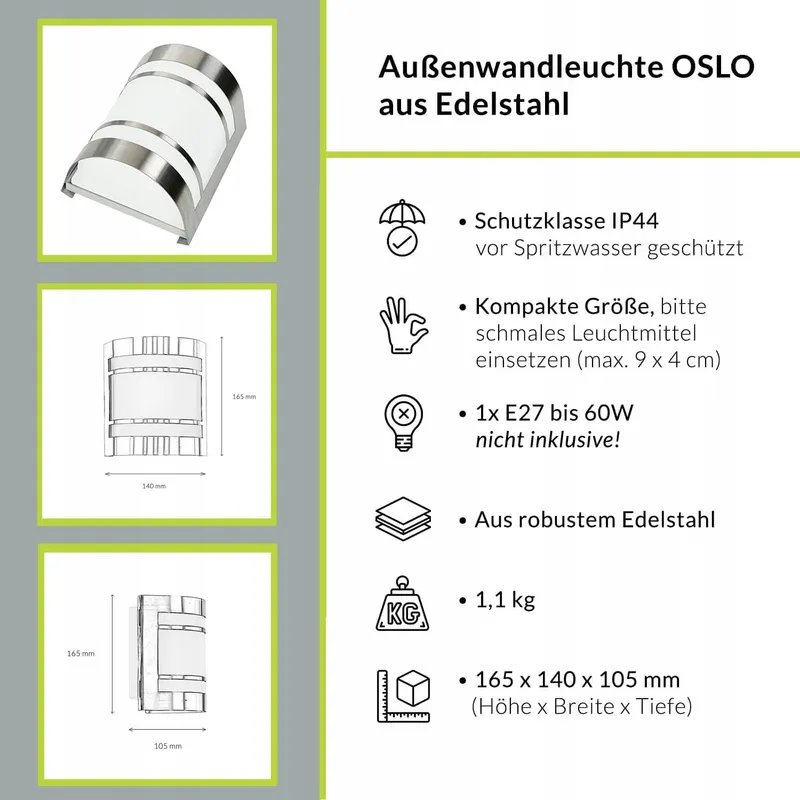 LICHTERLEBNISSE OSLO Buitenlamp RVS Zilver E27 IP44 — foto 3