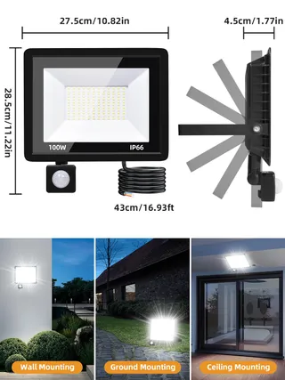 LITGLOBE LED Schijnwerper Buiten Met Bewegingsmelder 100W 10000LM IP66 — miniatuur 6