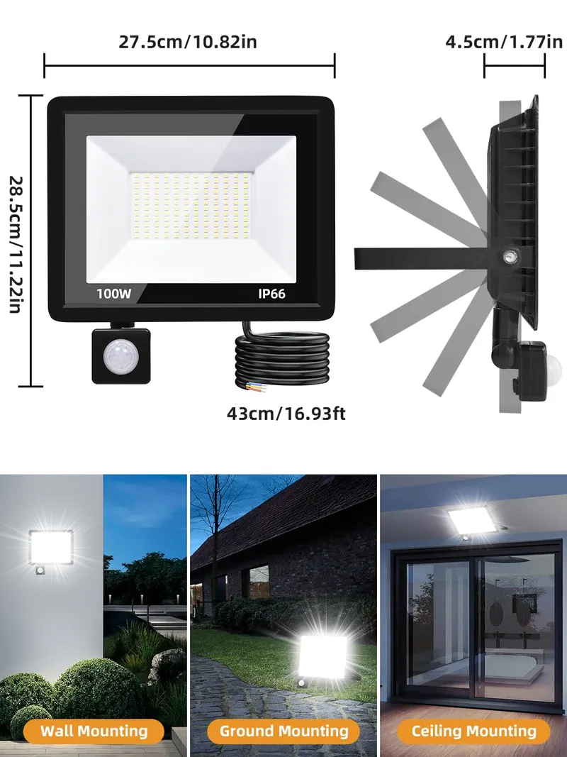 LITGLOBE LED Schijnwerper Buiten Met Bewegingsmelder 100W 10000LM IP66 — foto 6