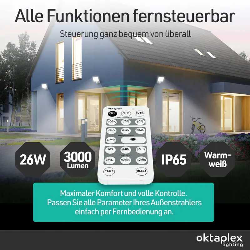 OKTAPLEX LED Schijnwerper Bewegingssensor Warmwit 26W 3000lm — foto 2
