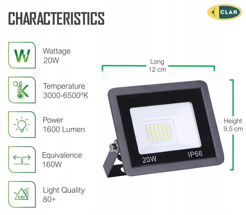 CLAR LED Schijnwerper Buiten Tuin Garage Neutraalwit 20W — foto 2
