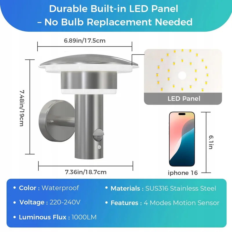 LED Buitenlamp Met Bewegings- En Schemersensor Staal IP54 3000K 1000lm 9W — foto 5