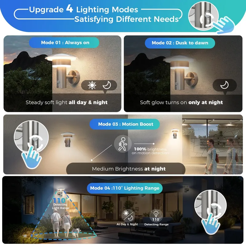 LED Buitenlamp Met Bewegings- En Schemersensor Staal IP54 3000K 1000lm 9W — foto 2