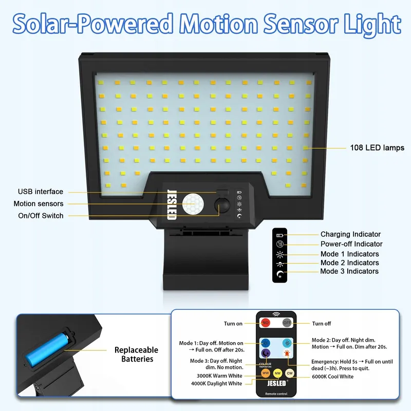 JESLED Solarlampen Bewegingssensor Draaibaar Tuin IP65 — foto 7
