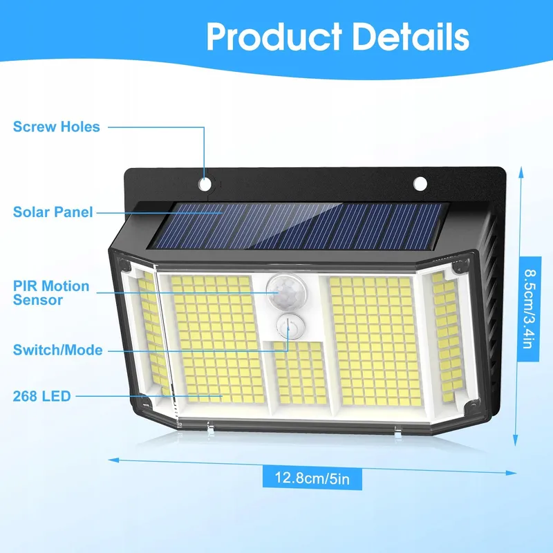 FRATINK Solarlampen Bewegingssensor IP65 268 LED 2 Stuks — foto 2