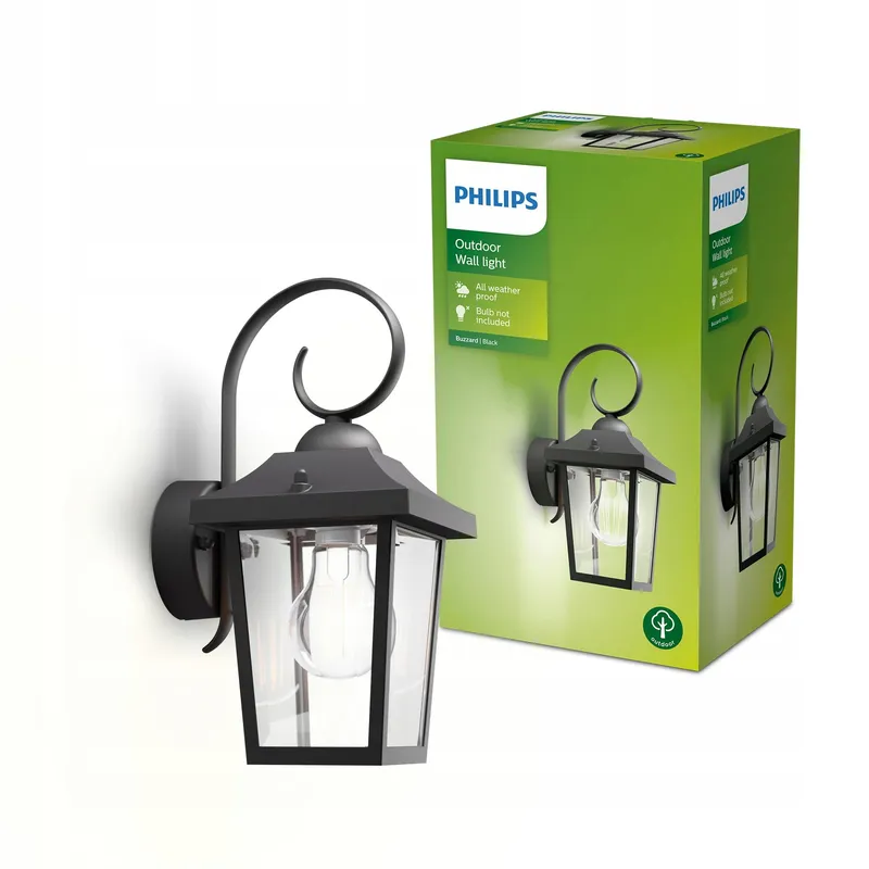 PHILIPS Buzzard Buitenwandlamp E27 Zwart Waterdicht IP44 — foto 1