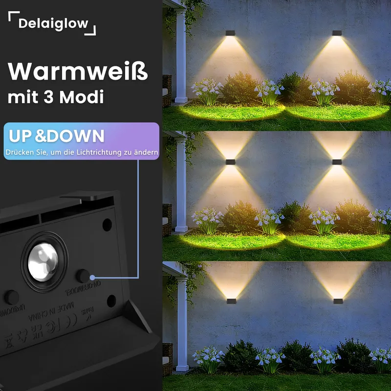 DELAIGLOW Solar Buitenlampen Up Down Warmwit Waterdicht 6x IP67 — foto 3