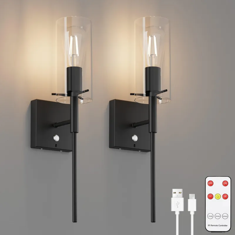 K-BRIG Set 2 Draadloze Wandlampen Afstandsbediening E27 Zwart 6000mAh — foto 1