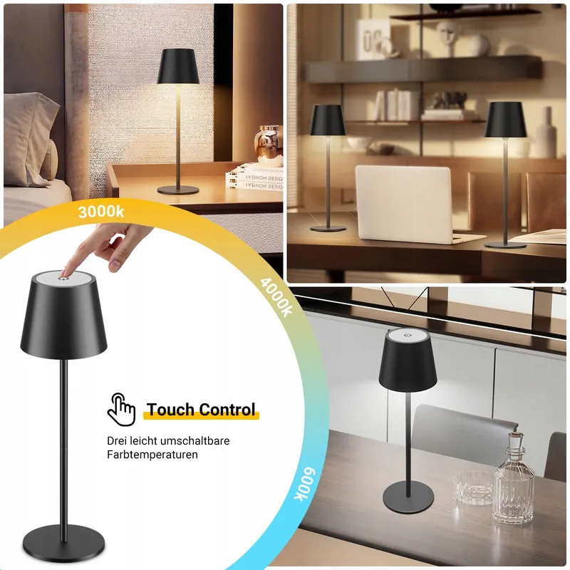 K-BRIGHT Set 2 Tafellampen Oplaadbaar USB-C IP54 Zwart 3 Standen — foto 3
