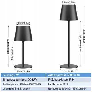K-BRIGHT Set 2 Tafellampen Oplaadbaar USB-C IP54 Zwart 3 Standen — miniatuur 5