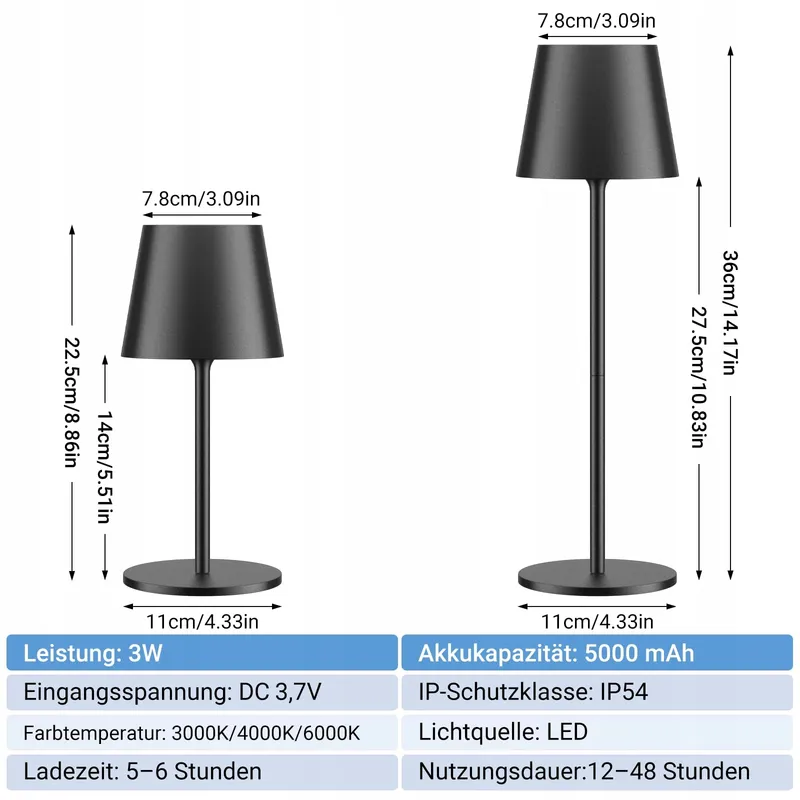 K-BRIGHT Set 2 Tafellampen Oplaadbaar USB-C IP54 Zwart 3 Standen — foto 5