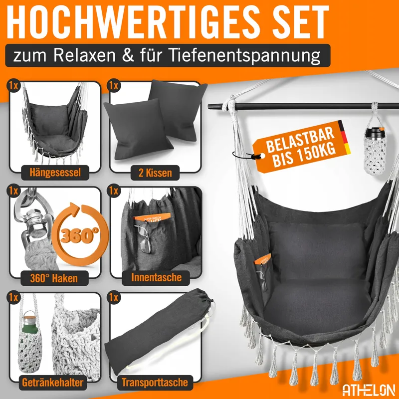 ATHELON Hangstoel Comfortabel Kinderen Volwassenen Kussen 150kg — foto 2