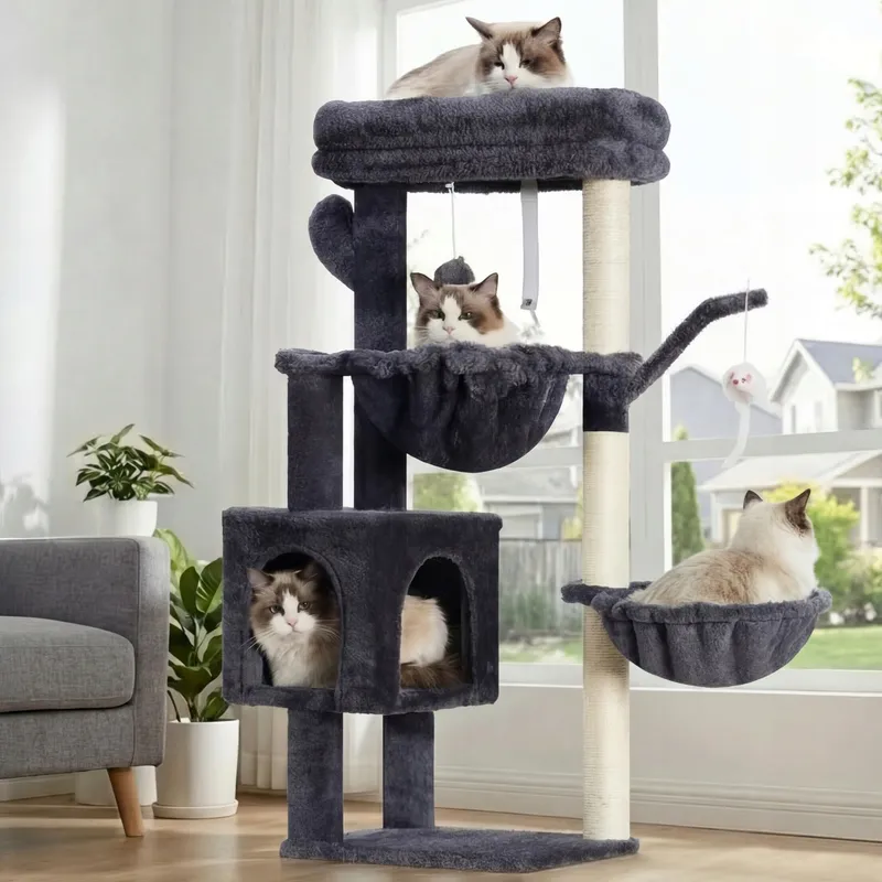HEYBLY Krabpaal Kat met Platform Grot en Hangmatten Grijs 100cm — foto 1