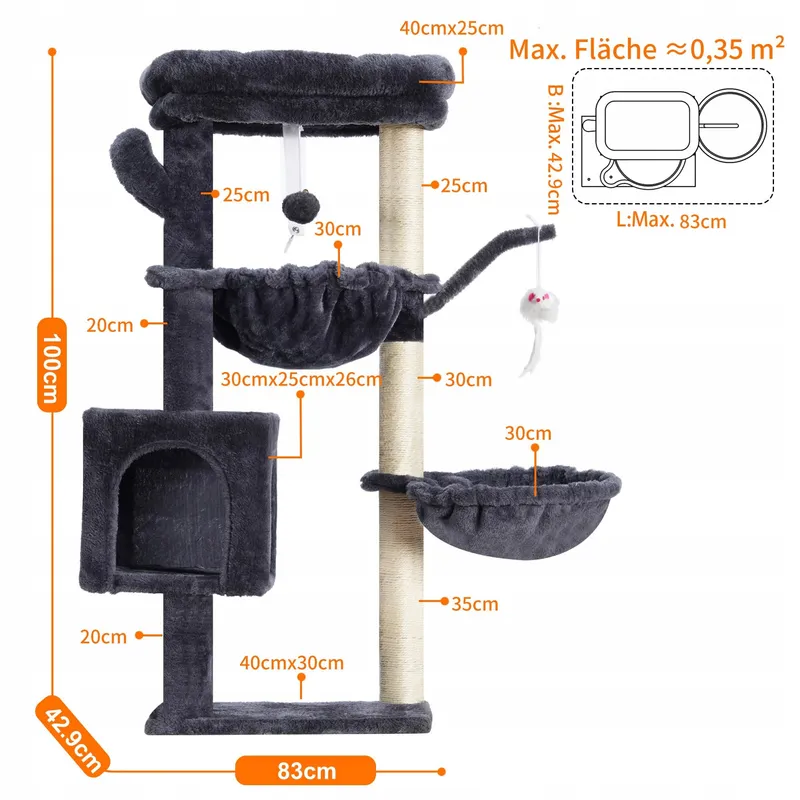 HEYBLY Krabpaal Kat met Platform Grot en Hangmatten Grijs 100cm — foto 3