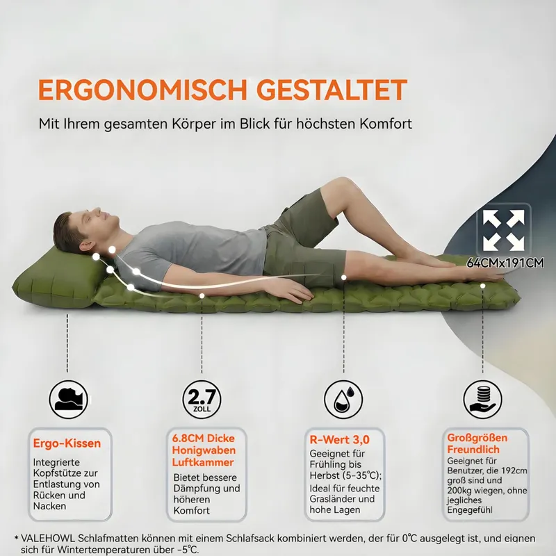 VALEHOWL Opblaasbare Campingmat Ultralicht Waterdicht 4 Seizoenen 800g — foto 2