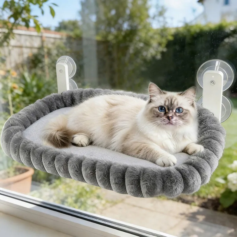 MVELLIR Opvouwbaar Kattenbed Vensterbank met Zuignappen Grijs Pluche — foto 1