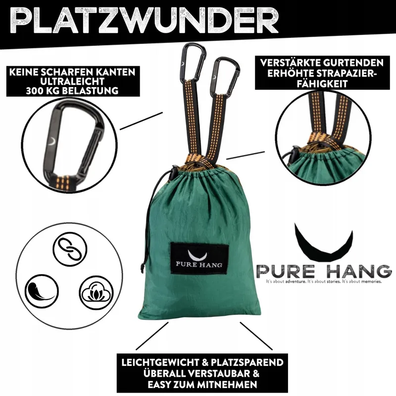 PURE HANG Camping Hangmat Nylon 2 Personen Reizen Groen 300kg — foto 5
