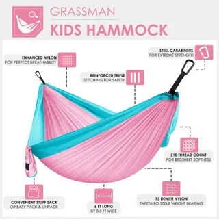 GRASSMAN Kinderhangmat Camping Draagbaar Ultralicht Roze Blauw — miniatuur 2