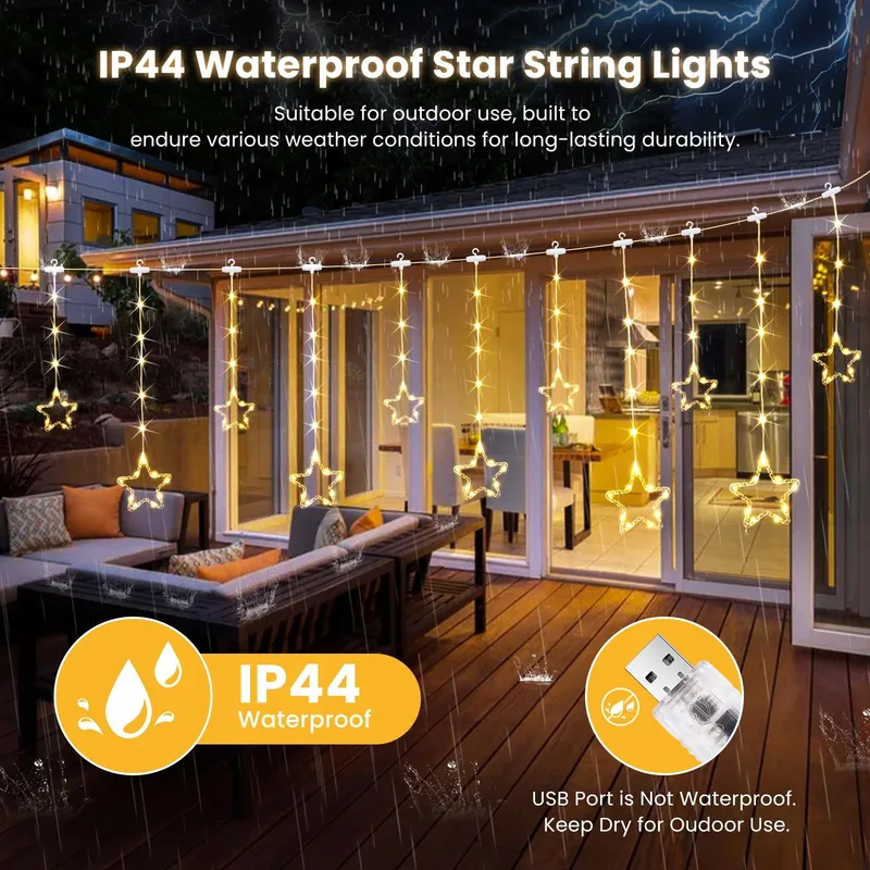 DAZSPIRIT LED Lichtgordijn Sterren Haken USB Raam 144 LED — foto 6